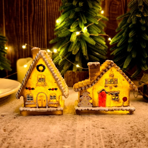 Dserfhy LED Lighted Christmas Village House Miniature Resin Gingerbread House Figurine Collectible Christmas Decoration for Tabletop Decor