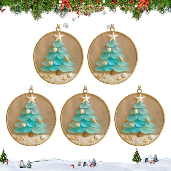 Dserfhy Ocean-Inspired Christmas Ornament Sea Glass Shell Resin Tree with Starfish Topper Coastal Christmas Hanging Decoration for Tree Car Mirror Decor
