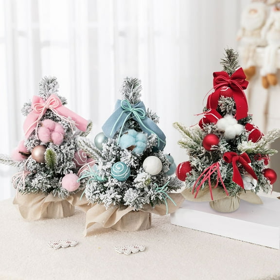 Dserfhy Snowy Mini Christmas Tree Small Tabletop Artificial Flocked Tree with Balls Bow And Cloth Bag Base for Home Office Desk Decor