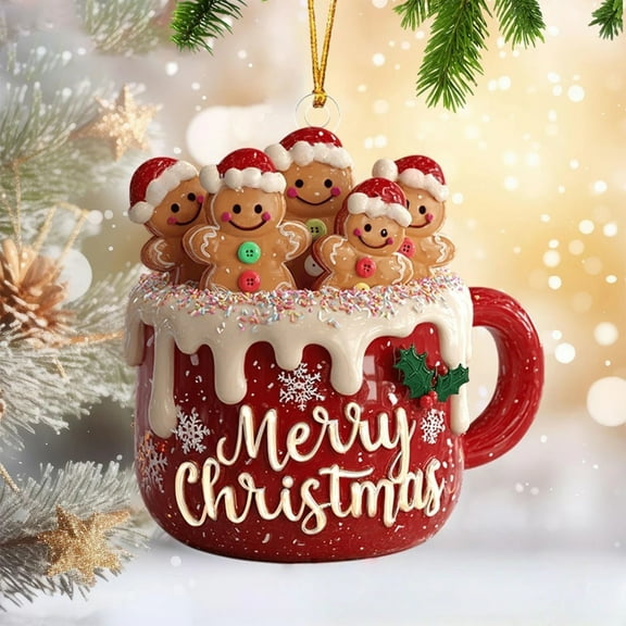 Dserhfy 1/2/3Pcs Merry Christmas Gingerbread Man Family Ornament Red Ceramic Mug Pendant with Frosting Snowflake Patterns