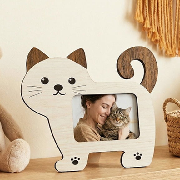 wutoase 1/2Pcs Cartoon Cat, Wooden Photo Frame, Dog Shape Picture Display Holder Home Office Desktop Decoration Animal Lovers Gift