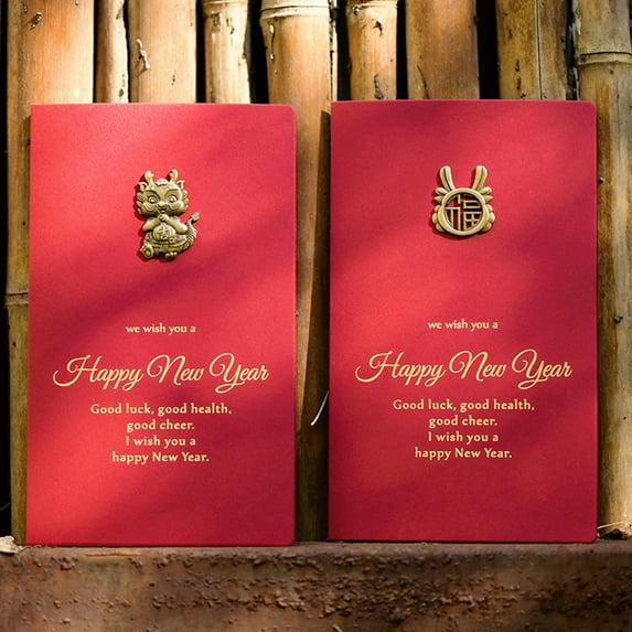 Dserhfy 10Pcs Happy New Year Greeting Card with Envelope Vintage Red Elegant Golden Letter Paper Chinese 2024 Year of The Dragon Blessing Card Kit