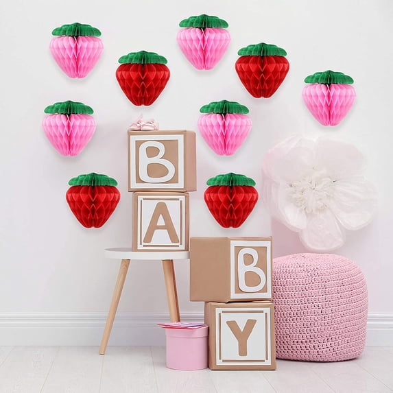 Dserhfy 10Pcs Strawberry Ball Tissue Craft Paper Decorations Red Pink Paper Strawberry Honeycomb Ball Birthday Party Decoration