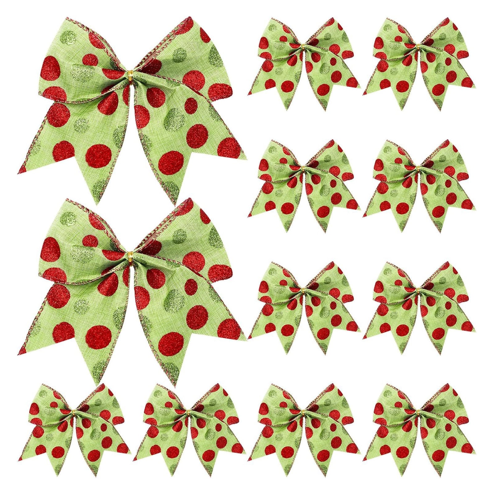 Set of 12 Large Red and Green Polka Dot Christmas Bows