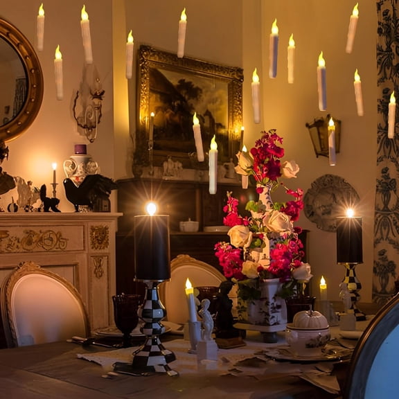 Dserhfy 12 Pcs Floating Candles with Wand Remote Magic Hanging Flameless LED Taper Candles Battery Operated Flickering Candlestick with Warm Light for Room Ceiling Decor