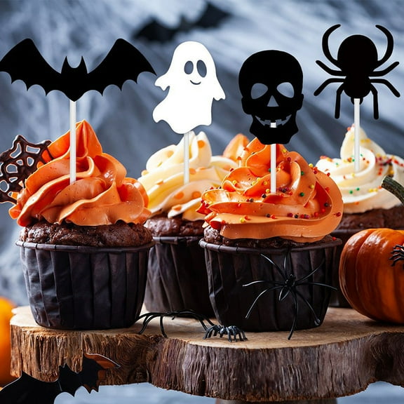 Dserhfy 12 Pcs Halloween Cupcake Toppers Black Spider Skull Bat White Ghost Cake Picks for Halloween Theme Birthday Party Supplies