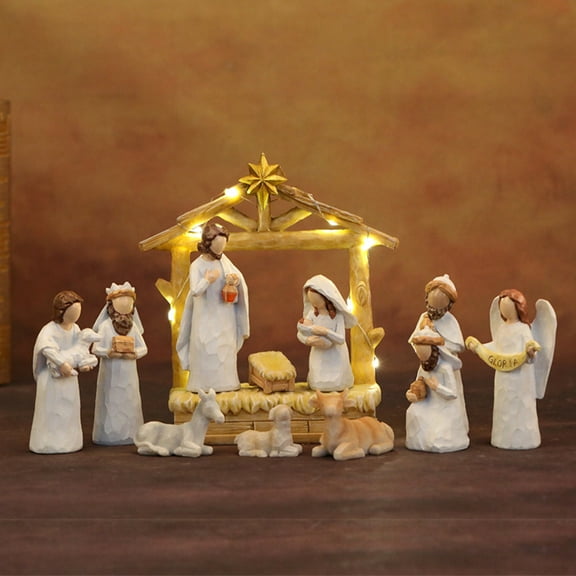 Dserhfy 12Pcs LED Nativity Scene Set Resin Christmas Manger Angel Figurines with Star Light Holiday Tabletop Decor for Home Church