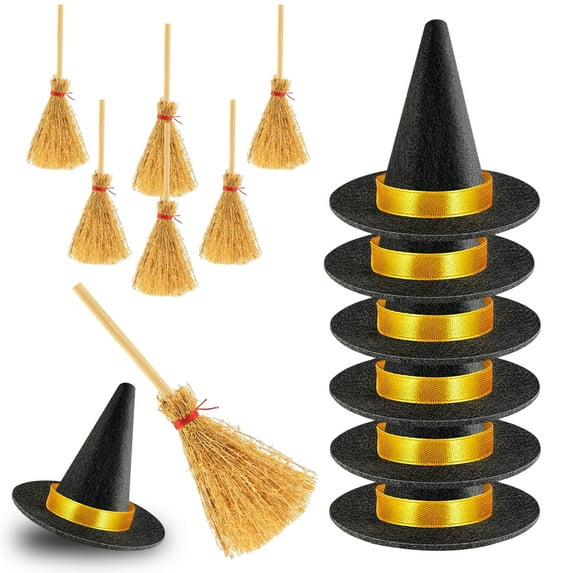 Dserhfy 12Pcs Mini Witch Hat And Broom Crafts Halloween Party Decorations Reusable Black Hats Festive Home Party Ornaments