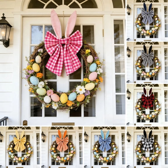 Dserhfy 16 Inch Easter Bunny Ear Bow Rustic Buffalo Plaid Bow for Wreath Spring Holiday Decorative Fabric Bow for Tree Topper Front Door Wall Window Home Party DIY Crafts