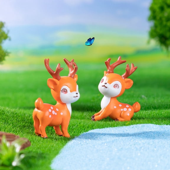Dserhfy 2 Pcs Mini Sika Deer Figurines Hand-colored Deer Miniatures Mini Animal Statues for Fairy Gardens Bonsai Micro Landscape