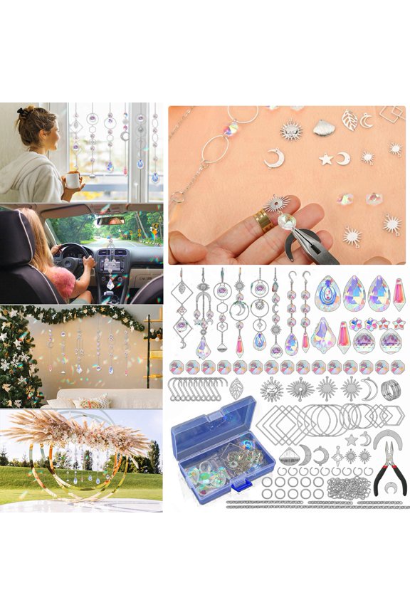 200/Set DIY Suncatcher Making Kits for Adults Kids Faux Crystal Sun Catchers Crafts with Hooks Rainbow Maker Shiny Rhinestones Hanging Prism for Window Garden Xmas Wedding Party Decoration