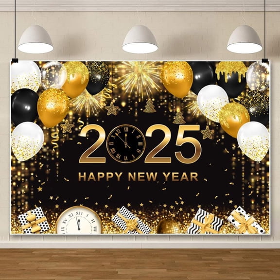 Dserhfy 2025 Happy New Year Backdrop Glitter New Year's Eve Hanging Banner Black And Gold Photography Background for Home Office Party Decor