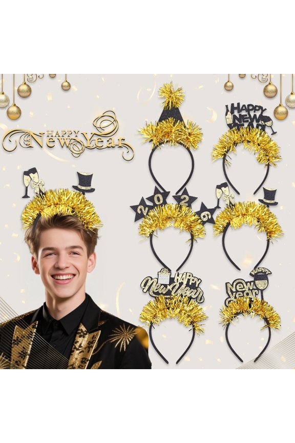 2026 New Year Headband with Number Logo Black Golden Sequin Design Streamer Decorated Hair Hoop Team Unity Prop