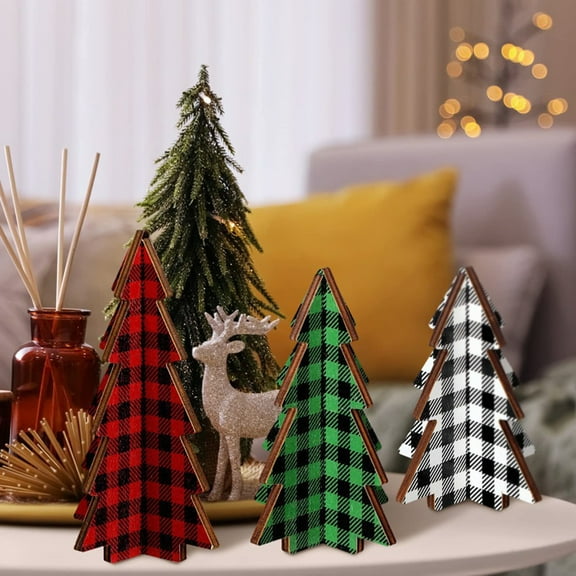 Dserhfy 3 Pcs Wooden Christmas Tree Decor Rustic Buffalo Plaid/Dot Christmas Tree Farmhouse Table Centerpiece for Tiered Tray Tabletop Home Decor