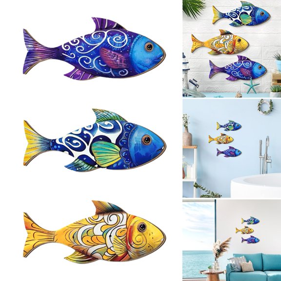 Dserhfy 3 Pcs Wooden Fish Wall Art​ Beach Nautical Coastal Theme Fish Wall Sculpture Rustic Lake House Hanging Decor for Linving Room Bedroom Home Decoration