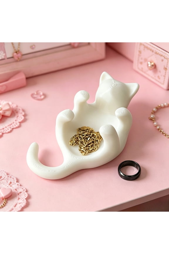 3D Printed Sculpted Black Cat Tray Cute Kitten Jewelry Trinket Dish with Hollow Belly Desktop Decorative Ring Holder for Earrings Bracelets Necklaces