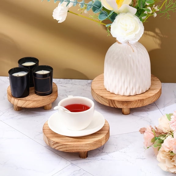 Dserhfy 3Pcs/Set Wooden Coffee Mug Holder Decorative Round Stool Pedestal Flower Plants Pot Riser Display Stand Base with Legs Indoor Outdoor Home Patio Decoration