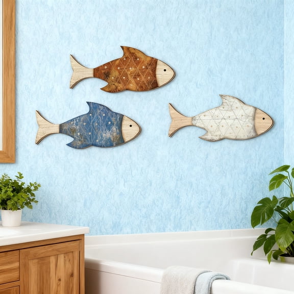 Dserhfy 3Pcs/Set Wooden Fish Wall Decor Coastal Wall Art Fish Rustic Fish Wall Art Decoration for Bathroom Bedroom Ocean-Themed Room Lake House
