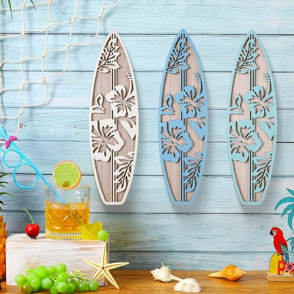 Dserhfy 3Pcs/Set Wooden Hibiscus Surfboard Wall Decoration Farmhouse Rustic Surfboard Wall Art Home Bedroom Living Room Bathroom Wall Decorative Sign