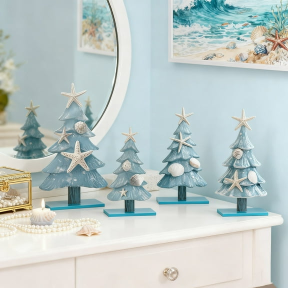 Dserhfy 4Pcs/Set Blue Coastal Christmas Tree Ornaments Wooden Ocean-Themed Table Centerpieces Xmas Party Figure Home Decor