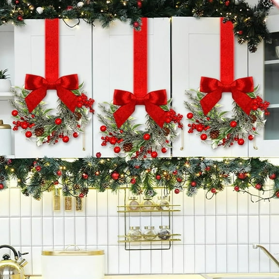 Dserhfy 6 Pcs 6 Inch Christmas Mini Cabinet Wreaths Small Artificial Cedar Wreath with Ribbon Bow Pinecone Berry for Front Door Window Farmhouse Home Party Decoration