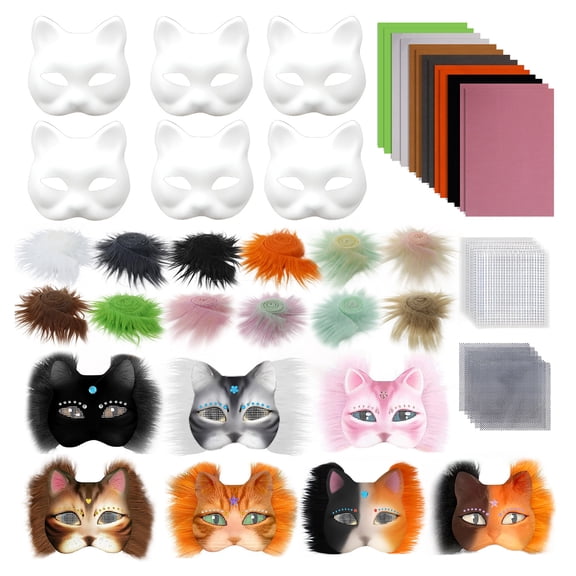 Dserhfy 6Pcs Cat Masque Kit DIY Hand Painting Blank Cat Masque with Fur Eye Mesh Felt Sheet Furry Animal Therian Masquerade Accessory for Carnival Cosplay Party