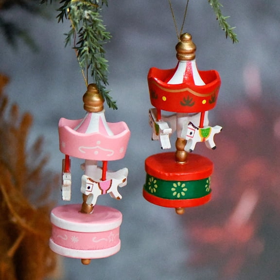 Dserhfy 6Pcs Wooden Carousel Christmas Ornament Xmas Tree Hand-painted Merry-Go-Round Hanging Decoration Home Office Holiday Party Pendant
