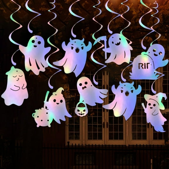 Dserhfy 8 Pcs Iridescent Ghost Hanging Swirls Cute Shinny Foil Ghost Swirls Halloween Ceiling Streamer for Halloween Party Decoration