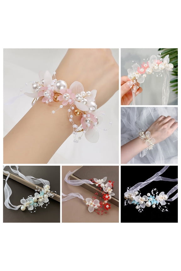 Adjustable Lace-up Wrist Flower Wedding Flower Faux Pearls Decor Bridal Wrist Strap Bracelet Wrist Decoration