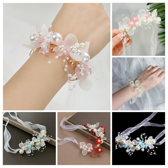 Dserhfy Adjustable Lace-up Wrist Flower Wedding Flower Faux Pearls Decor Bridal Wrist Strap Bracelet Wrist Decoration