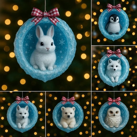 Dserhfy Arctic Animal Christmas Ornaments 2D Acrylic Frosted Cave Hanging Decor with Polar Bear Penguin Xmas Tree Decoration