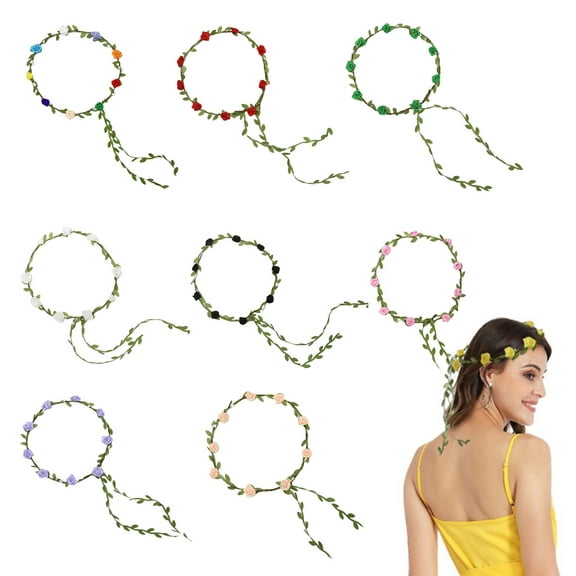 Dserhfy Assorted Colored Rose Flower Crown for Women Floral Bohemian Headpiece Fairy Wreath Headband with Green Leaves for Wedding Party Vacation Photography Props