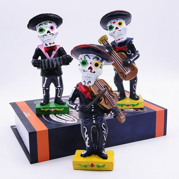 Dserhfy Black Mariachi Band Skeleton Statue Halloween Day of The Dead Skull Figurine Resin Collectible Folk Musician Players Ornament for Home Decor