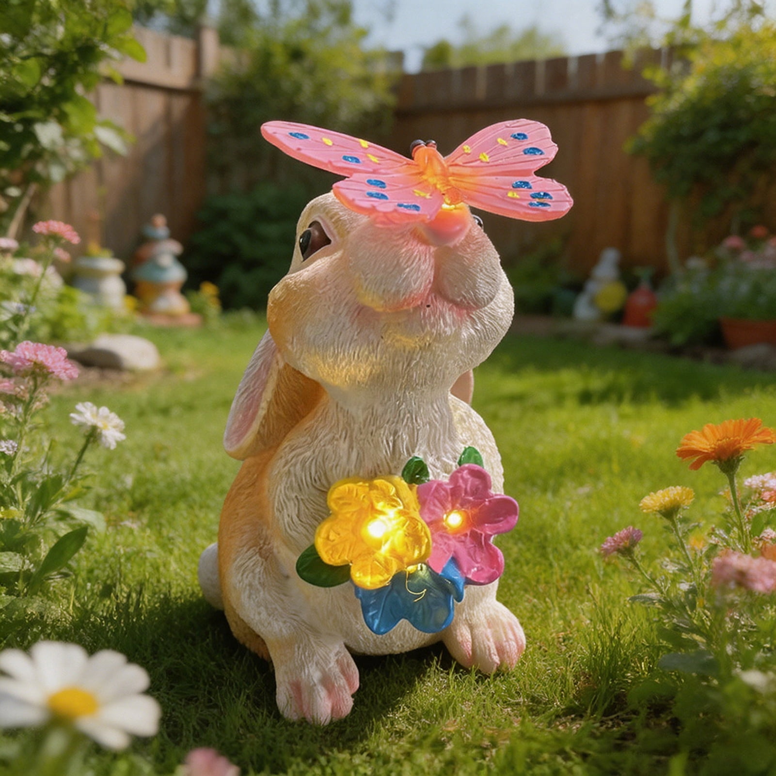 wutoase Bunny Garden Statue, Resin Rabbit Figurine with Butterfly, Waterproof Yard Art for Patio Balcony Lawn House