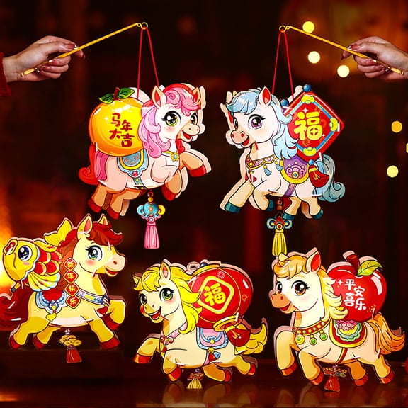 Dserhfy Cartoon Horse DIY Lantern Kit Chinese New Year Handhled Lucky Lantern for Spring Festival Hanfu Cosplay Photo Props