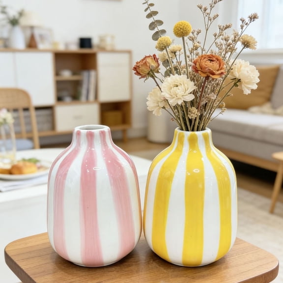 wutoase Ceramic Striped Vase, Hand-Painted Modern Nordic Boho, Small Decorative Flower Container for Side Table, Kitchen, Indoor Room Centerpiece