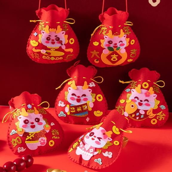 Dserhfy Chinese New Year DIY Lucky Bag Material Bright Color Cartoon Design Handmade with Hanging Rope Chinese Spring Festival Crafts Material