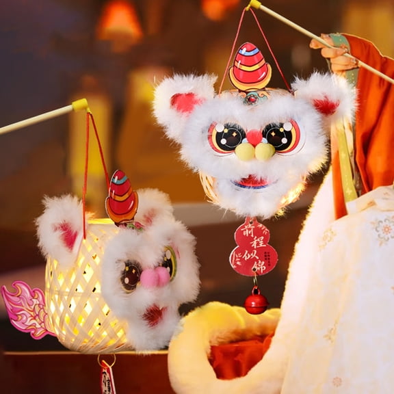 Dserhfy Chinese Spring Festival Lion Dance DIY Lantern Kit Light Up Handheld Bamboo Lantern Traiditional Furry Animal Shaped Lantern for Chinese New Year Decor