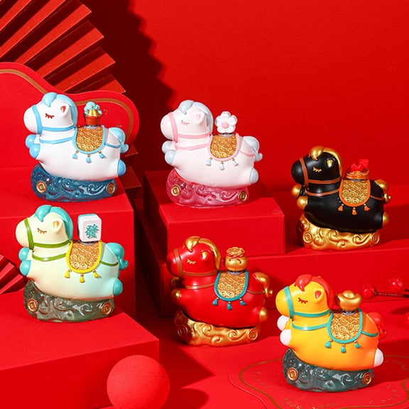 Dserhfy Chinese Style Cartoon Horse Figurine Bring Good Luck Fortune Hand-painted Resin Pony Statue Home Office Desktop Feng Shui Decoration Ornament