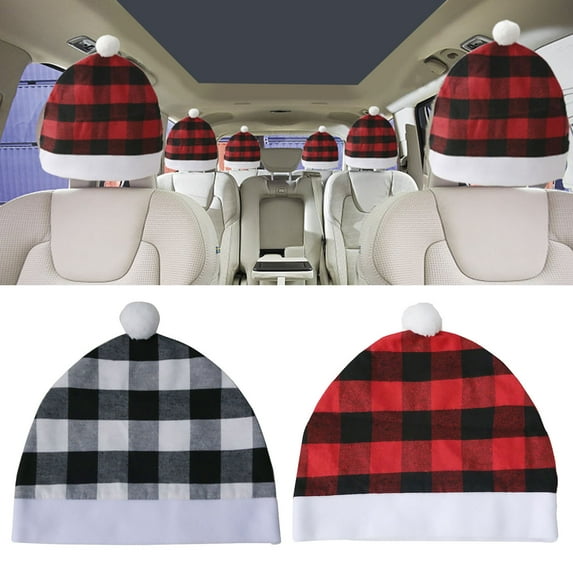 Dserhfy Christmas Car Seat Headrest Cover Classic Plaid Pattern Soft Santa Claus Hat for Car Headrests Cute Christmas Car Decoration Accessories Merry Holiday Supplies