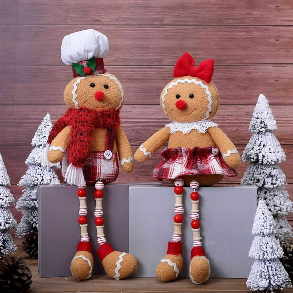Dserhfy Christmas Doll Large Size Plush Gingerbread Man Boy Girl Figures with Chef Hat Bowknot Ornament Window Holiday Xmas Decoration