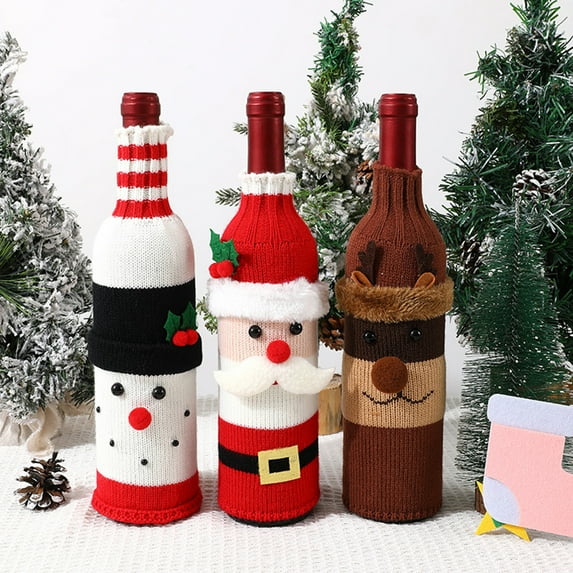 Dserhfy Christmas Wine Sweater Cover Handmade Knitted Cartoon Santa Snowman Reindeer Bottle Sleeve for Winter Dining Table Decoration