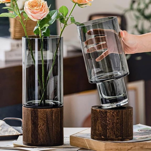 Dserhfy Clear Glass Cylinder Flower Vase with Wooden Base Rustic Wedding Party Dining Table Centerpiece Hydroponic Flower Holder Transparent Plants Container Decoration