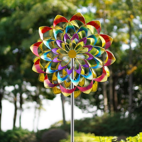 Dserhfy Colorful Flower Wind Spinner with Stake Weather-proof Outdoor Garden Yard Lawn Metal Rotary Windmill Ground Spike Decoration