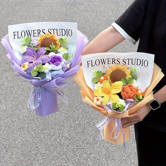 Dserhfy Crochet Flower Bouquet Handmade Knitted Cotton Thread Flowers Artificial Sunflower Wildflower Bouquet for Valentine's Day Anniversary Birthday Mother's Day Gifts