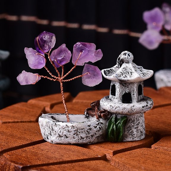Dserhfy Crystal Money Tree Healing Crystal Ornament Amethyst Fengshui Tree with Tower Figurine for Home Desk Shelf Zen Decoration