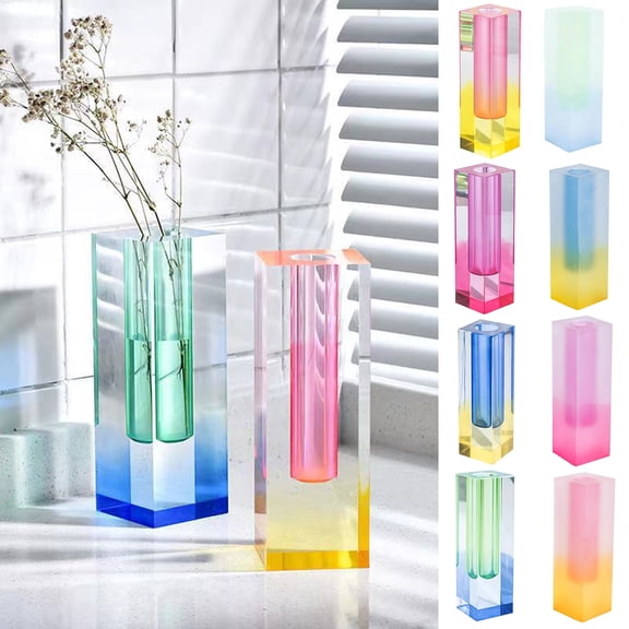 Dserhfy Cuboid Vase Light Luxury European Style Faux Crystal Matte/Smooth Container Ornament Romantic Floral Arrangement Acrylic Pillar Vase Home Decor
