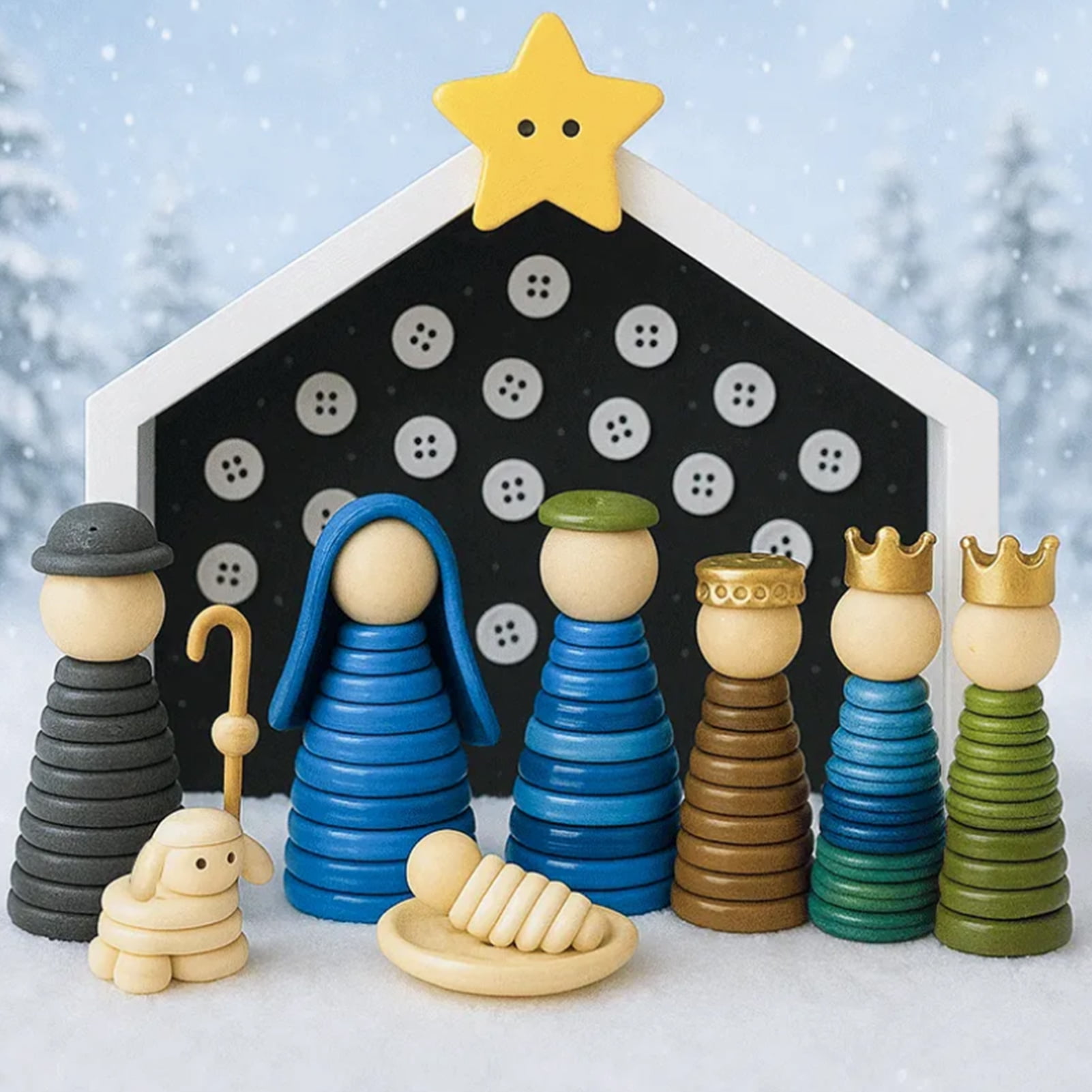 Dserhfy DIY Button Nativity Scene Craft Kit with Buttons & Beads Handmade Christmas Ornament Activity for Kids Families Christian Holiday Decor