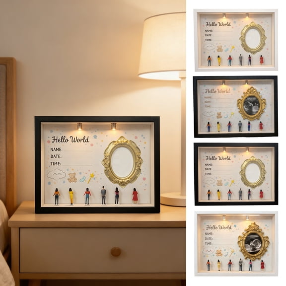 Dserhfy DIY Mini Museum Silhouette Box with Light Photo Display Frame Kit with Mini Gold Frames Figurines Memory Keepsake for Baby Newborn