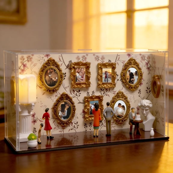 wutoase DIY Mini Museum Shadow Box Frame Kit, 9 Gold Frames & 5 Figurines, Custom Memory Display Case for Anniversary, Wedding, Birthday